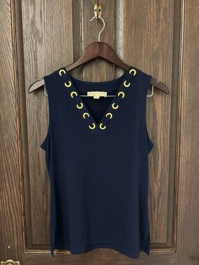 Michael Kors Navy Sleeveless Tank with Gold Eyelet Trim